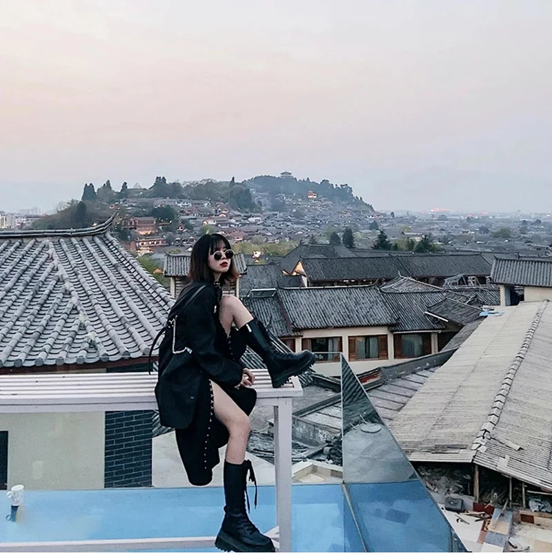 Chunky Women Motorcycle High Boots Fashion Lace Up Long Boots Platform Flats Autumn Winter Ladies Shoes