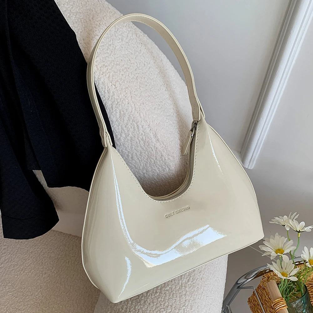 Women Patent Leather Tote Bag Versatile Fashion Shoulder Bag Casual Satchel Hobo Bag Underarm Bag Girl Zipper Small Handbags