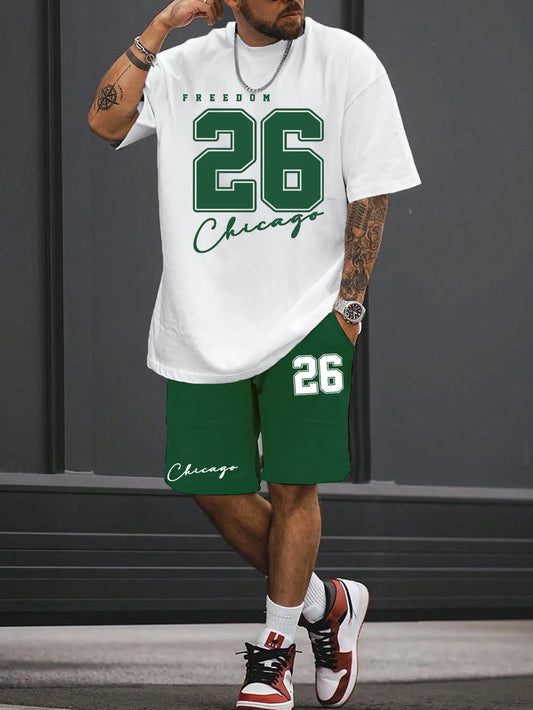 2025夏季新款男士T卹短褲套裝墨鏡小熊印花短袖圓領T卹夏季休閒戶外舒適