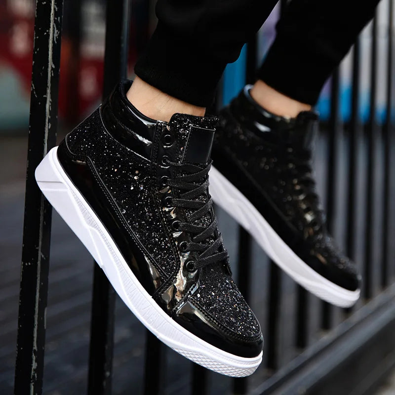 Men's Boots Nightclubs Fashiona Sequins With Diamonds Gold Leather Boots Trendy High Top Sports Casual Shoes Large Size 38-48
