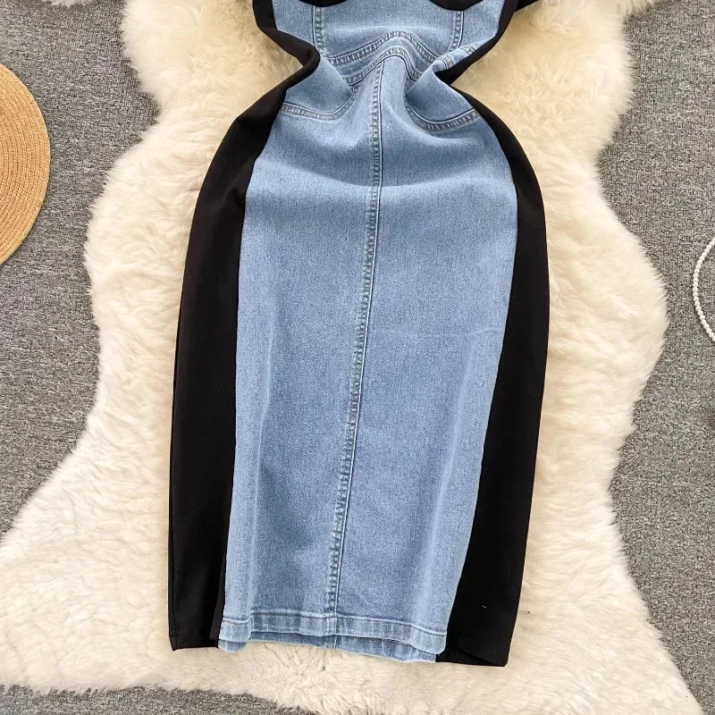 High Waist Bodycon Vestidos Mujer Women 2025 Dresses Contrast Fake Two Piece Dress Casual Fashion Vestido Temperament Robes