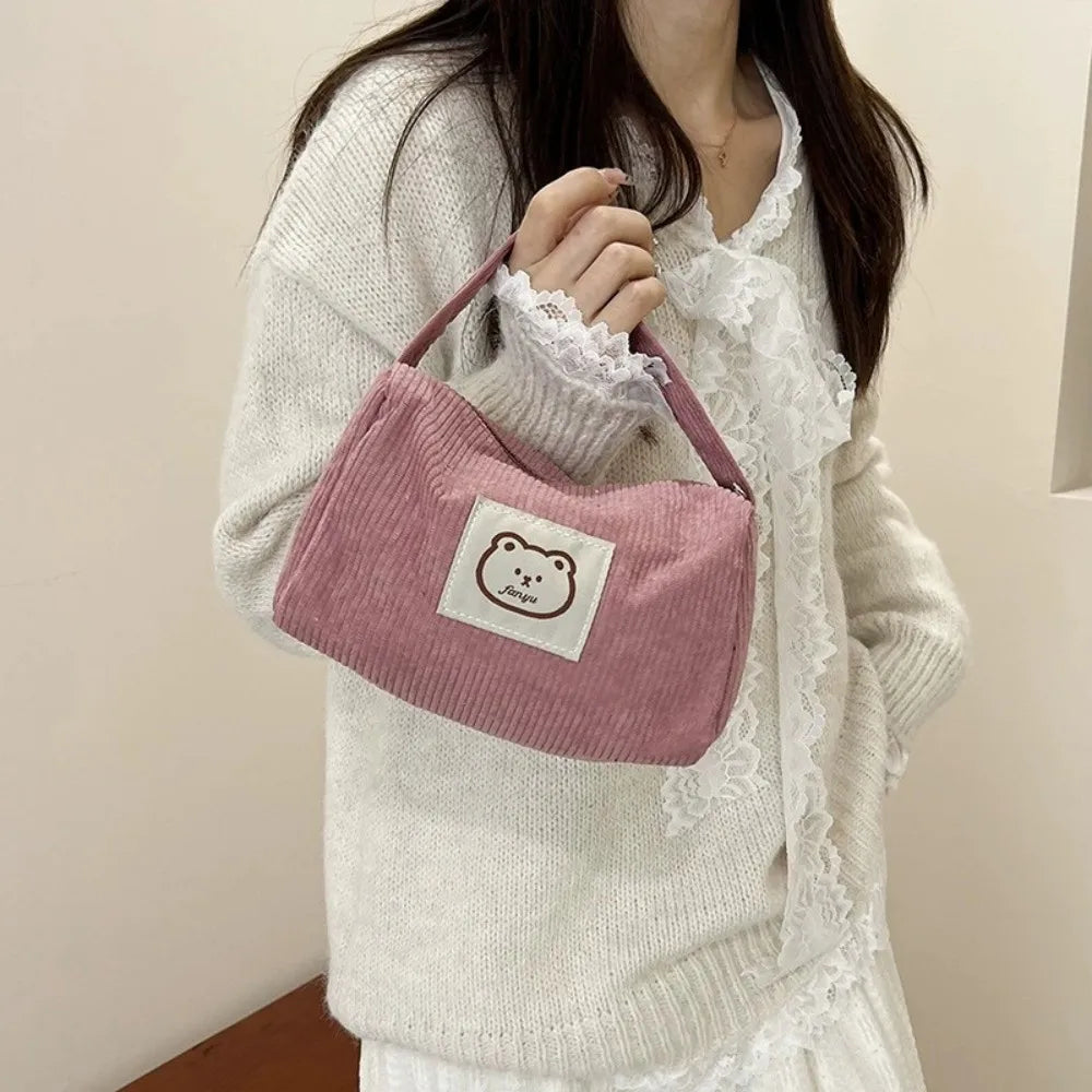 Corduroy Totes Bag Women Ladies Corduroy Shoulder Bag Cute Teddy Bear Pattern Cartoon Embroidery Casual Shoulder Tote