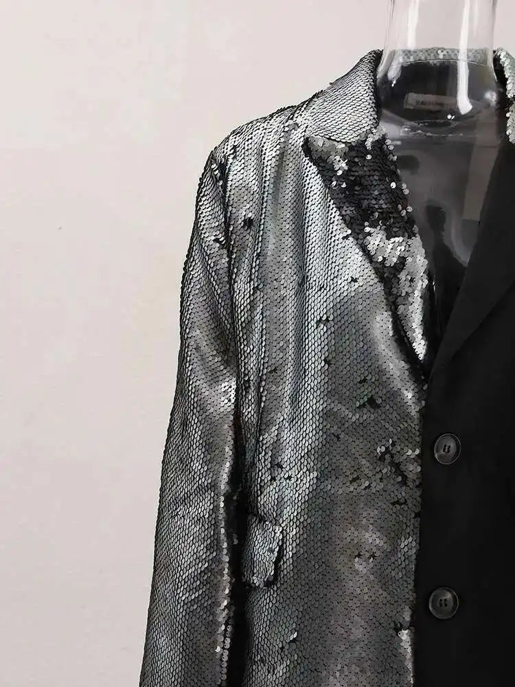 EAM Black Color-block Sequins Big Size Blazer Women New Lapel Long Sleeve Jacket Fashion Tide Spring Autumn 2025 CPG1490