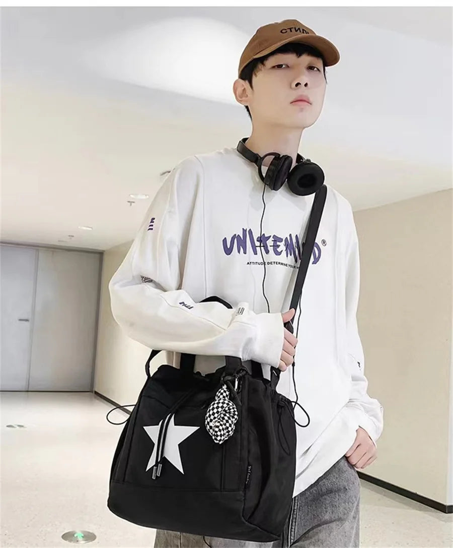 Personality Women Crossbody Bag Y2K Style Large Capacity Couple Shoulder Bag New Casual Nylon Tote Bag Luxury Drawstring Handbag
