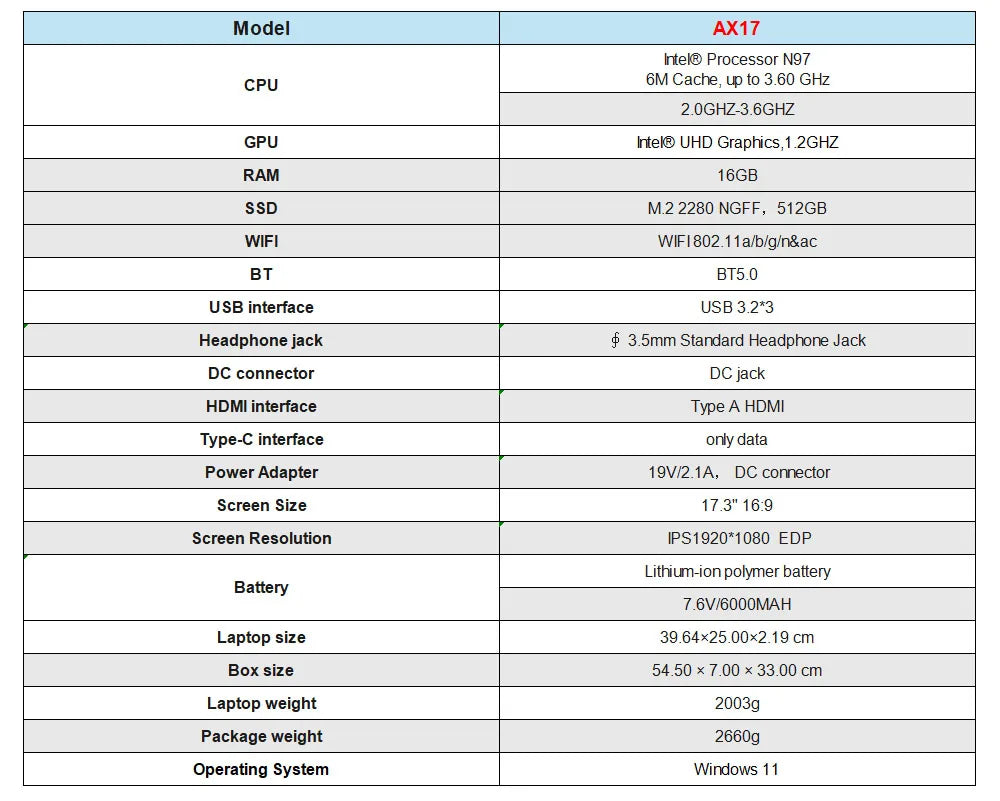 KAIGERR AX17 17.3 inch Laptop Intel N97 16GB RAM 512GB SSD Windows 11 Pro Notebook Wifi 6 BT5.2 6000Mah Battery