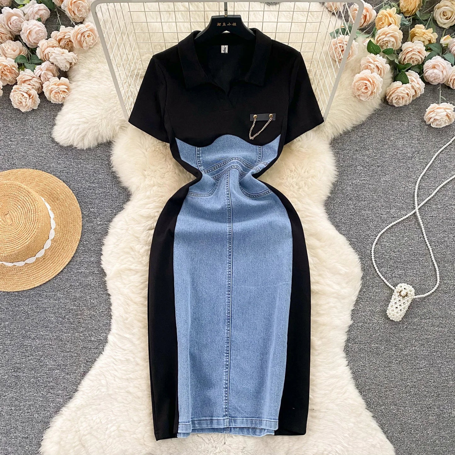 High Waist Bodycon Vestidos Mujer Women 2025 Dresses Contrast Fake Two Piece Dress Casual Fashion Vestido Temperament Robes