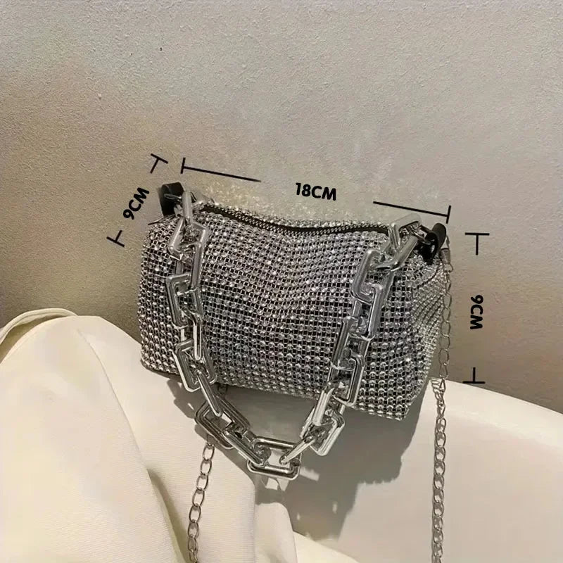 Allover Rhinestone Bucket Bag, Glitter Chain Prom Purse, Women's Mini Crossbody Bag