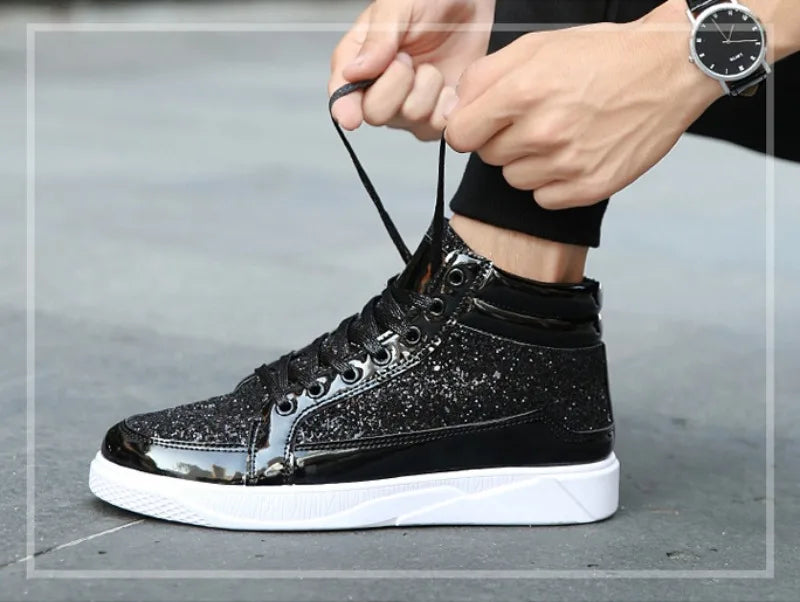 Men's Boots Nightclubs Fashiona Sequins With Diamonds Gold Leather Boots Trendy High Top Sports Casual Shoes Large Size 38-48