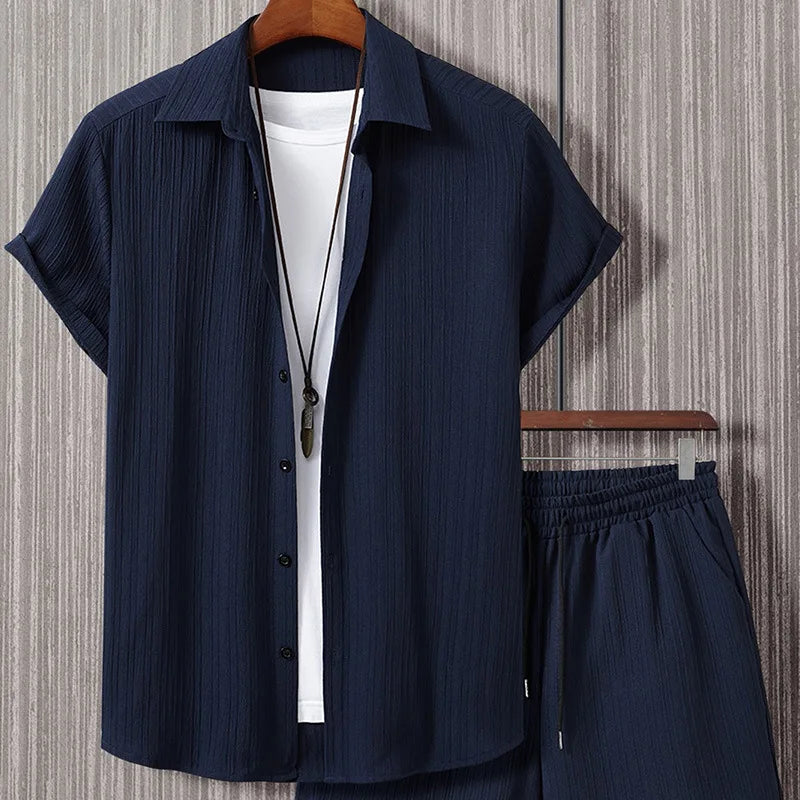 2024 夏季男士套裝條紋提花襯衫短袖扣領休閒輕薄透氣潮流街頭服飾