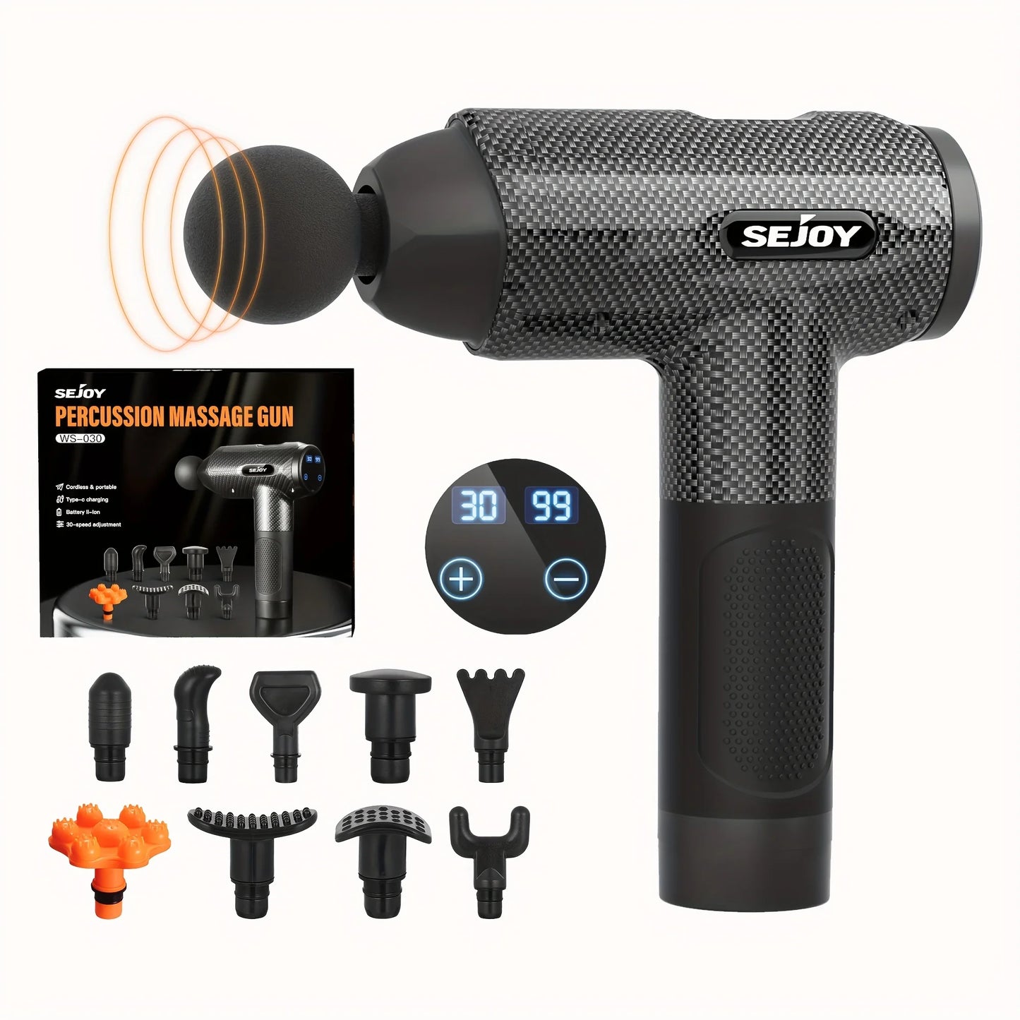 Sejoy Portable Massage Gun 30 Adjustable Speeds Muscle Relief Modes 9 Massage Heads Deep Tissue Muscle Relaxer With High-torque
