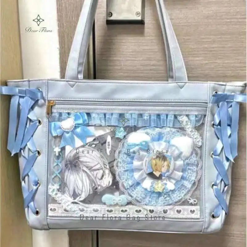 Japanese Sweet Women Ribbon Ita Bag Cute Lolita Girl Transparent Handbags Fashion Large Capacity Tote Bag Aesthetic Shoulder Bag