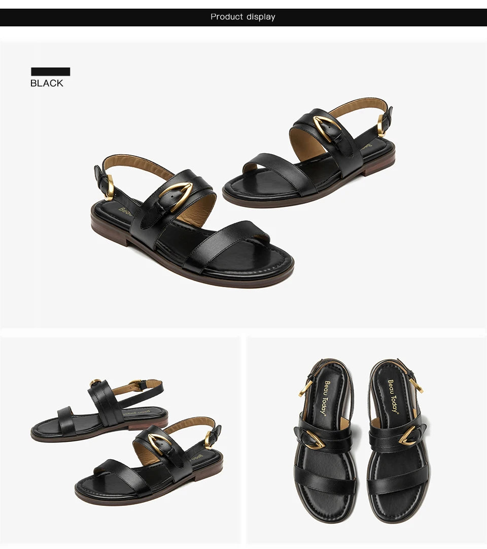 BEAUTODAY Flat Sandals Genuine Leather Metal Buckle Decro Slingback Low Heel Summer Retro Ladies Shoes 32426