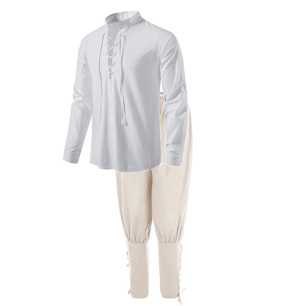 2 件套男士中世紀騎士服裝文藝復興角色扮演海盜襯衫踝帶褲萬聖節棉麻布料