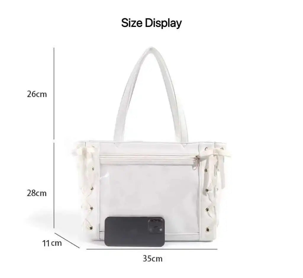 Japanese Sweet Women Ribbon Ita Bag Cute Lolita Girl Transparent Handbags Fashion Large Capacity Tote Bag Aesthetic Shoulder Bag
