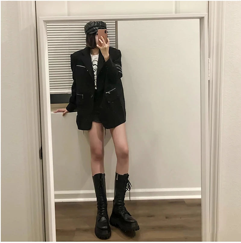 Chunky Women Motorcycle High Boots Fashion Lace Up Long Boots Platform Flats Autumn Winter Ladies Shoes