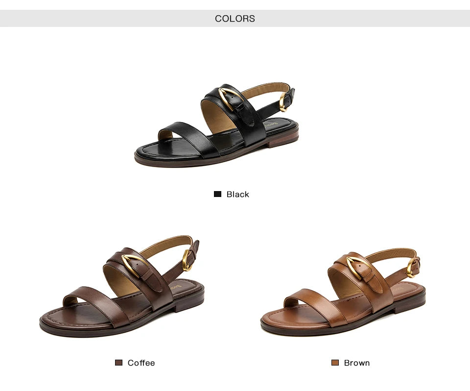 BEAUTODAY Flat Sandals Genuine Leather Metal Buckle Decro Slingback Low Heel Summer Retro Ladies Shoes 32426