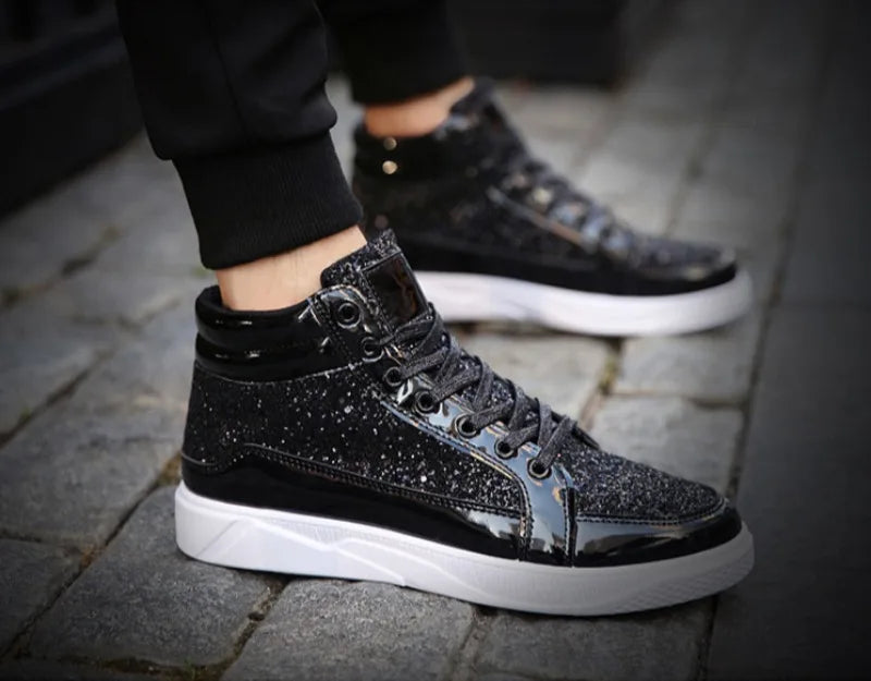 Men's Boots Nightclubs Fashiona Sequins With Diamonds Gold Leather Boots Trendy High Top Sports Casual Shoes Large Size 38-48