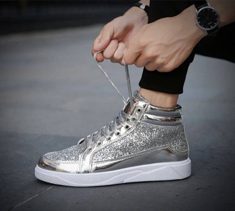 Men's Boots Nightclubs Fashiona Sequins With Diamonds Gold Leather Boots Trendy High Top Sports Casual Shoes Large Size 38-48