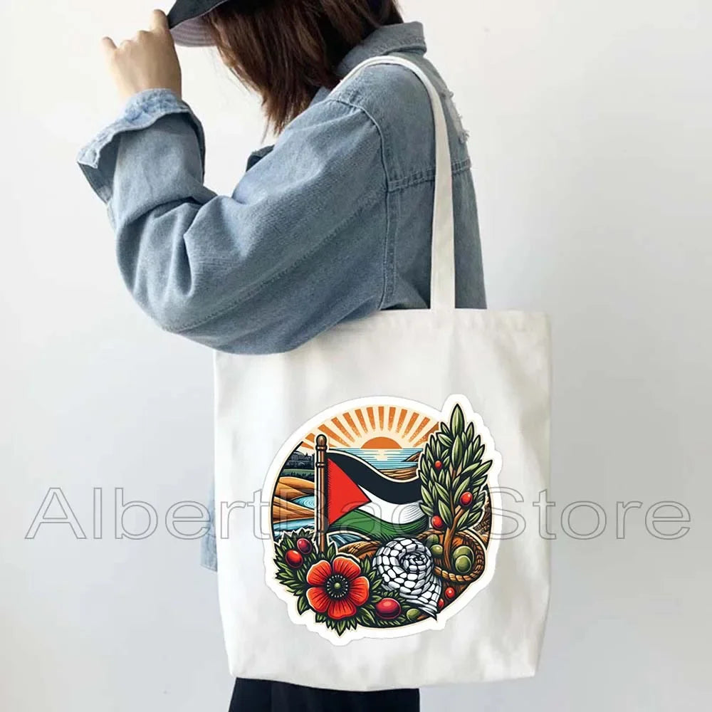 Peace Gifts Al Aqsa Keffiyeh Canvas Tote Bags Olive Tree Jerusalem Dome of The Rock Shopping Fashion Shoulder Organizer Handbag