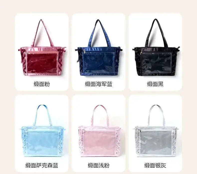 Japanese Sweet Women Ribbon Ita Bag Cute Lolita Girl Transparent Handbags Fashion Large Capacity Tote Bag Aesthetic Shoulder Bag