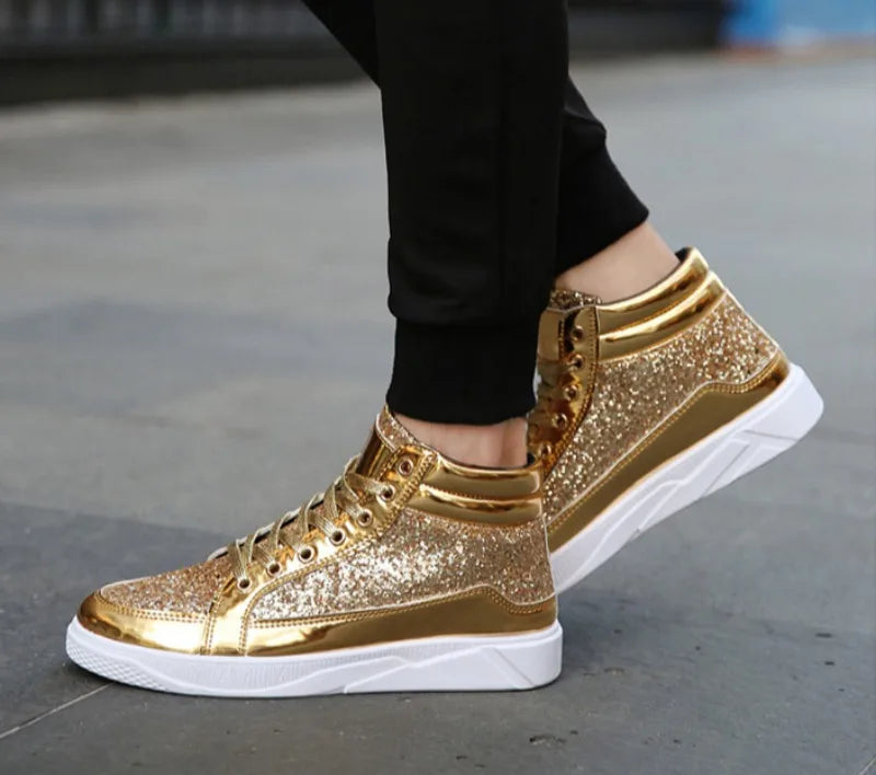 Men's Boots Nightclubs Fashiona Sequins With Diamonds Gold Leather Boots Trendy High Top Sports Casual Shoes Large Size 38-48