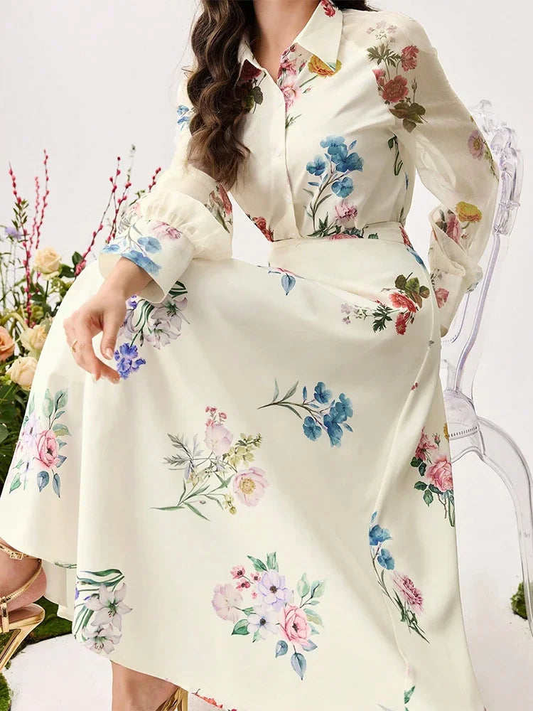 拉菲亞精品女裝夏季兩件式數位印花裙女圖案設計套裝長袖襯衫