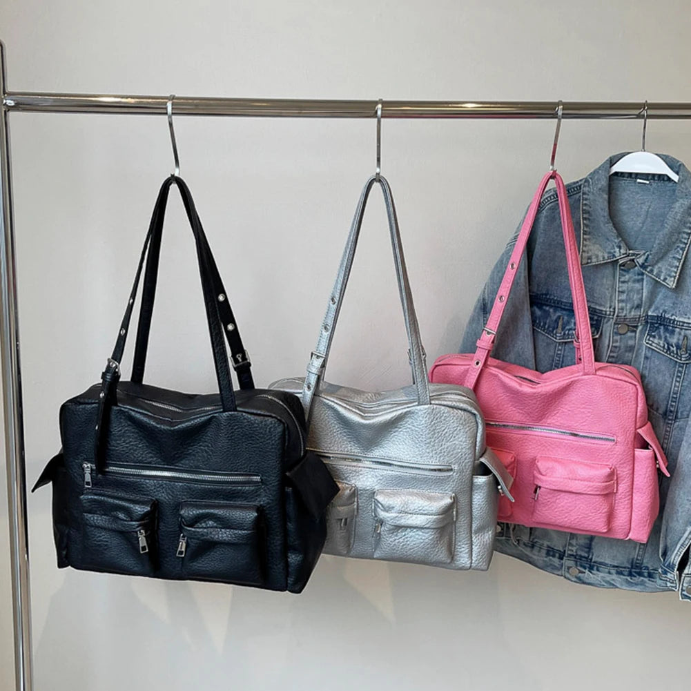 2024 Women PU Leather Shoulder Bag Multi-Pockets Underarm Bag Solid Versatile Commuting Handbag Adjustable Strap Armpit Tote Bag