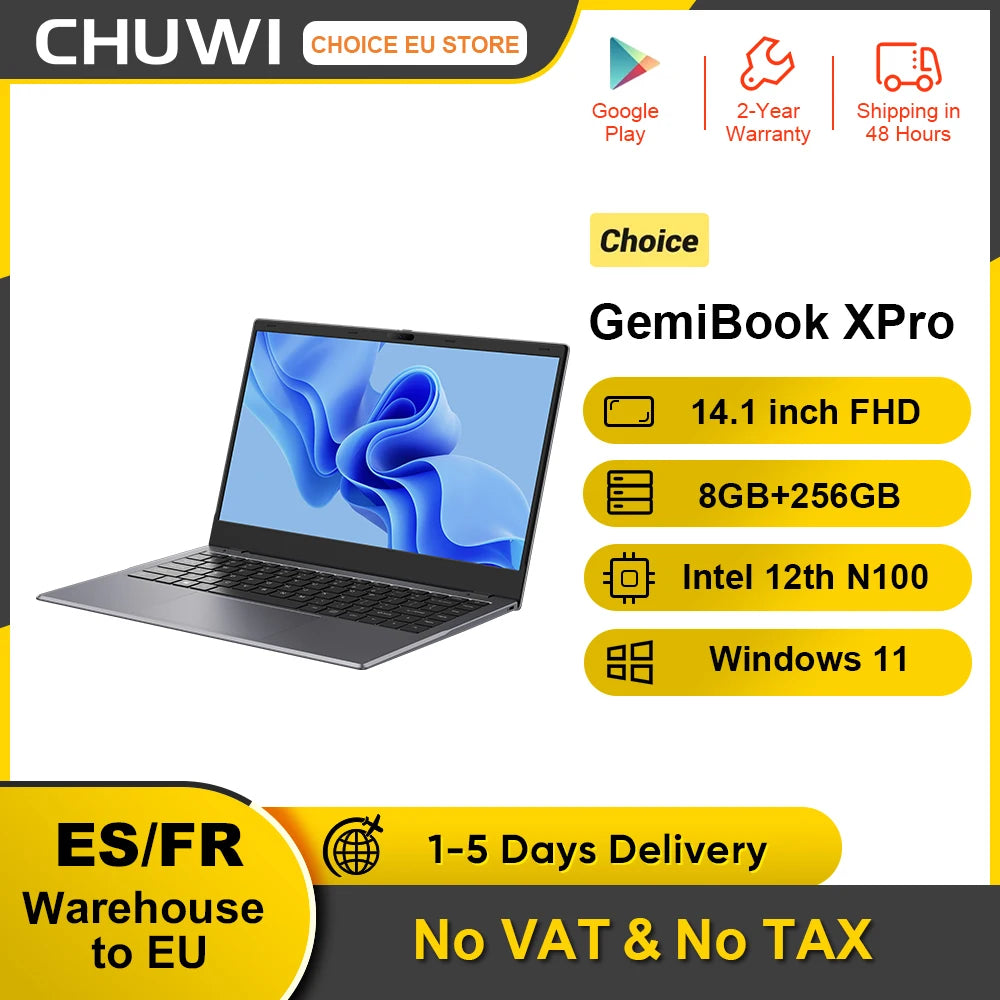 CHUWI GemiBook XPro 14.1 Inch Laptop Intel 12th N100 8GB DDR5 256GB SSD Windows 11 1920*1080 16:9 Screen WiFi 6 BT5.2 38Wh
