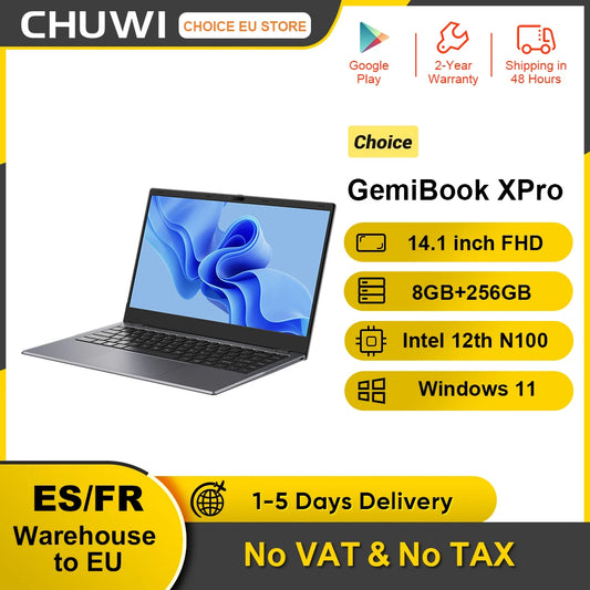 CHUWI GemiBook XPro 14.1 Inch Laptop Intel 12th N100 8GB DDR5 256GB SSD Windows 11 1920*1080 16:9 Screen WiFi 6 BT5.2 38Wh