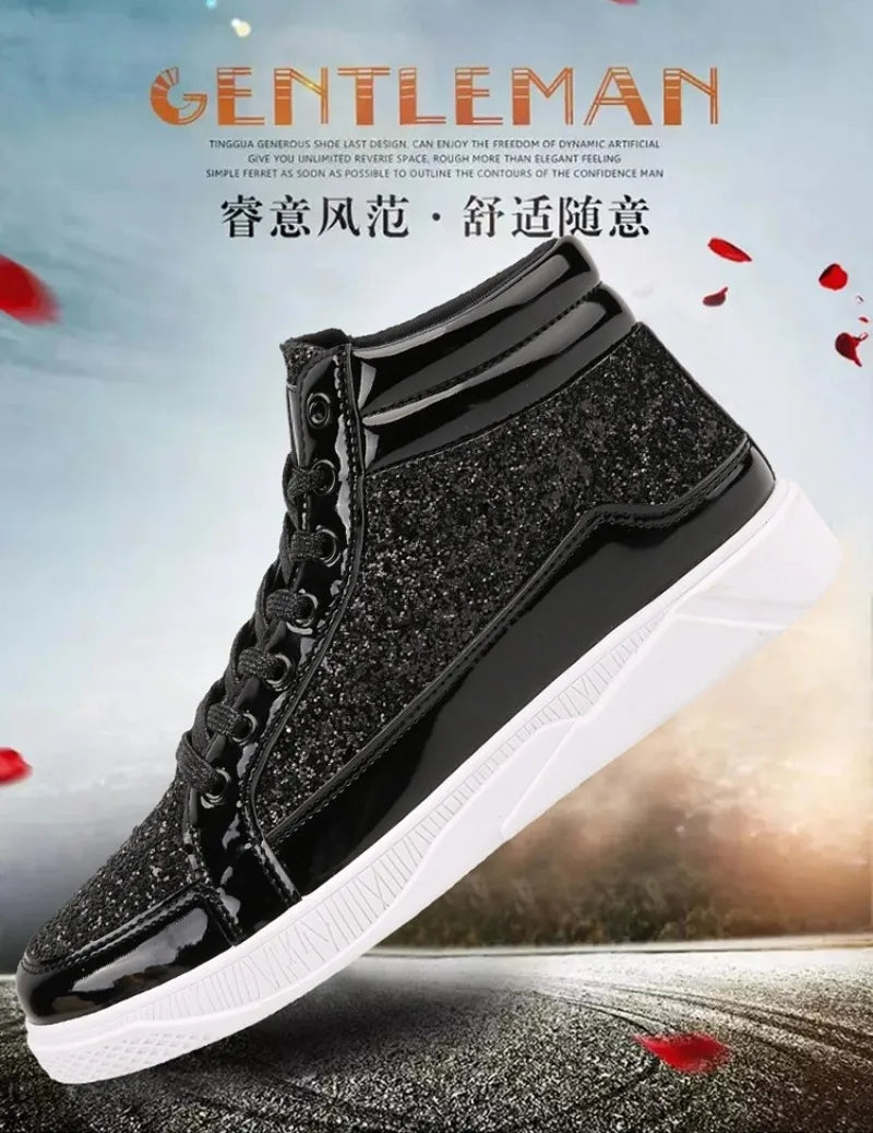 Men's Boots Nightclubs Fashiona Sequins With Diamonds Gold Leather Boots Trendy High Top Sports Casual Shoes Large Size 38-48