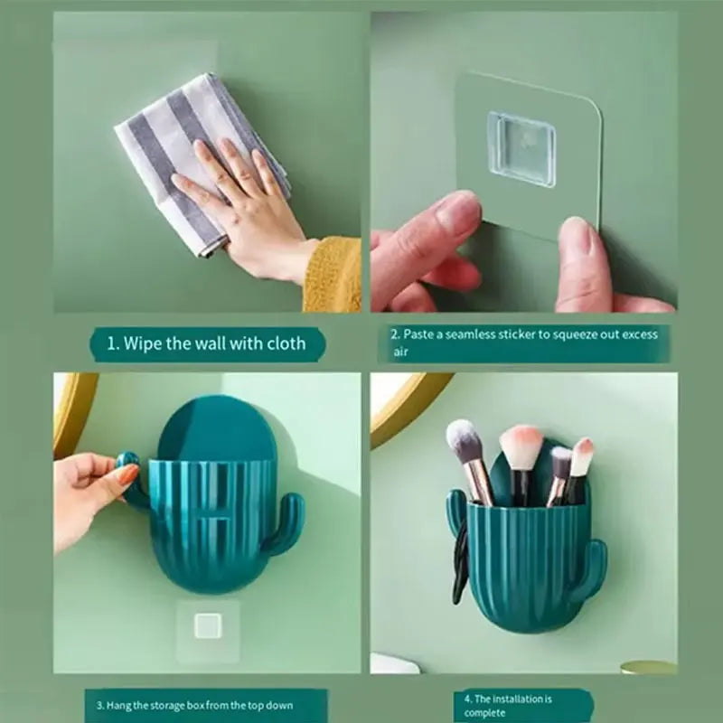 Cute Cactus Makeup Brush Holder,Wall Mounted Sundries Box Self-Adhesive Shaver Rack,Kitchen Bathroom Toothbrush Storage Containe