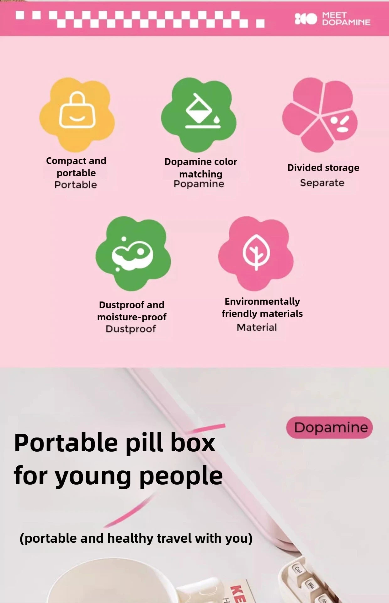 Portable, sealed, multi-functional, portable medicine box, dopamine wind medicine tablets, mini flower storage box