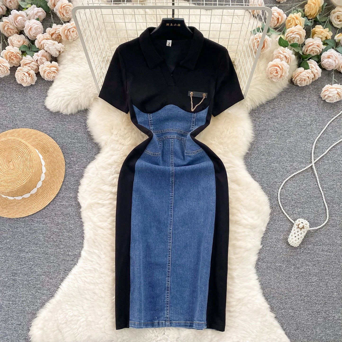 High Waist Bodycon Vestidos Mujer Women 2025 Dresses Contrast Fake Two Piece Dress Casual Fashion Vestido Temperament Robes