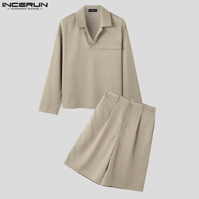 INCERUN 男士套裝純色時尚翻領兩件式西裝 2 件長袖上衣 T 卹短褲街頭潮流男裝
