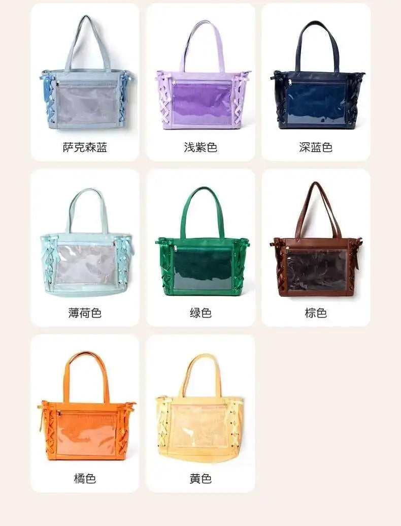 Japanese Sweet Women Ribbon Ita Bag Cute Lolita Girl Transparent Handbags Fashion Large Capacity Tote Bag Aesthetic Shoulder Bag