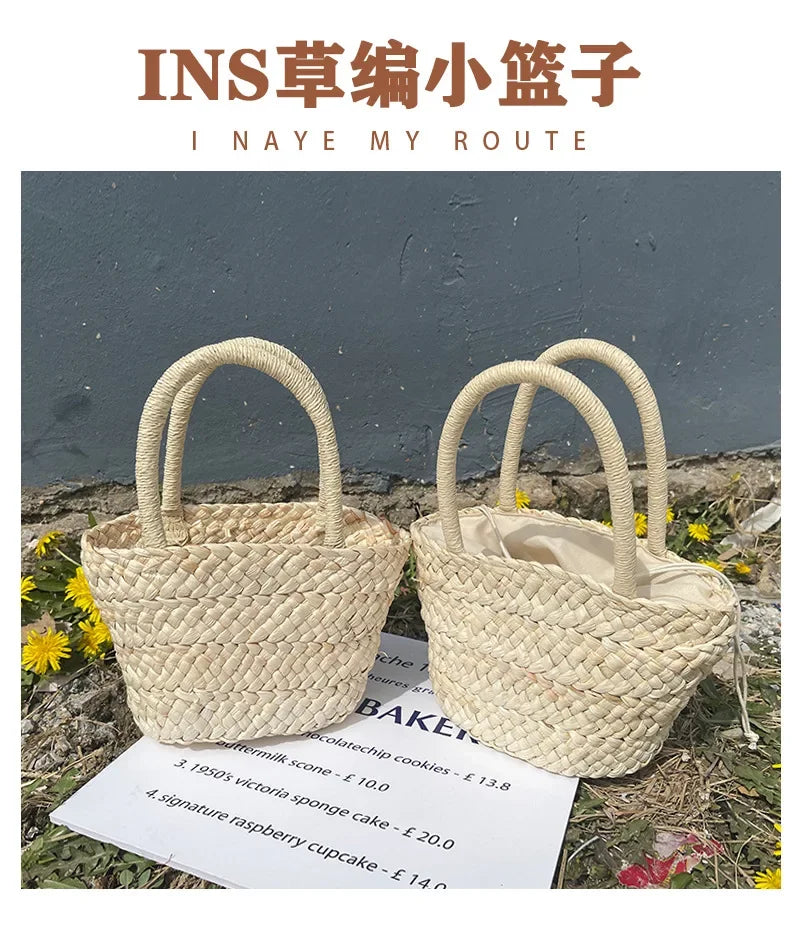 2024 New Straw Bag Portable Cute Korean Style All-match Small Basket Shopping Purse Summer Cool Retro