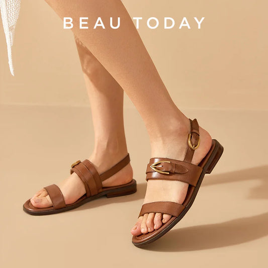 BEAUTODAY Flat Sandals Genuine Leather Metal Buckle Decro Slingback Low Heel Summer Retro Ladies Shoes 32426