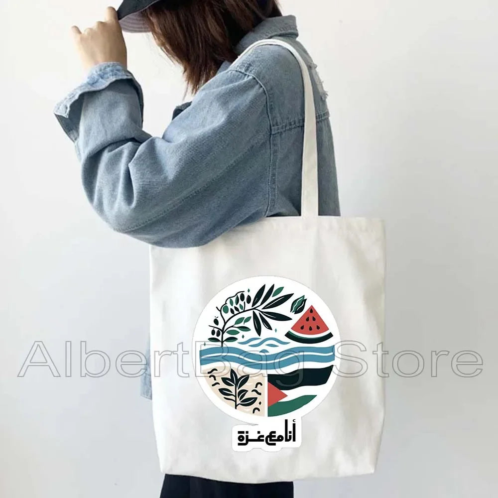 Peace Gifts Al Aqsa Keffiyeh Canvas Tote Bags Olive Tree Jerusalem Dome of The Rock Shopping Fashion Shoulder Organizer Handbag