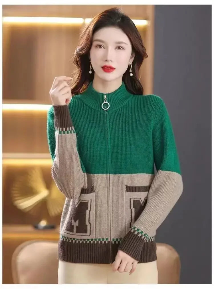 Sping Autumn New Women Sweaters Coats Stand Collar Zipper Contrast Color Pocket Fashion All-match Long Sleeve Cardigan Knit Tops