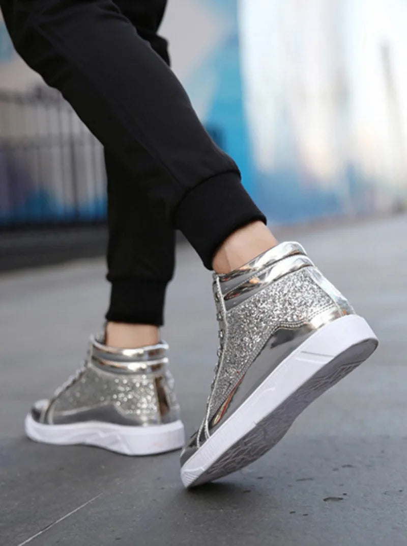 Men's Boots Nightclubs Fashiona Sequins With Diamonds Gold Leather Boots Trendy High Top Sports Casual Shoes Large Size 38-48