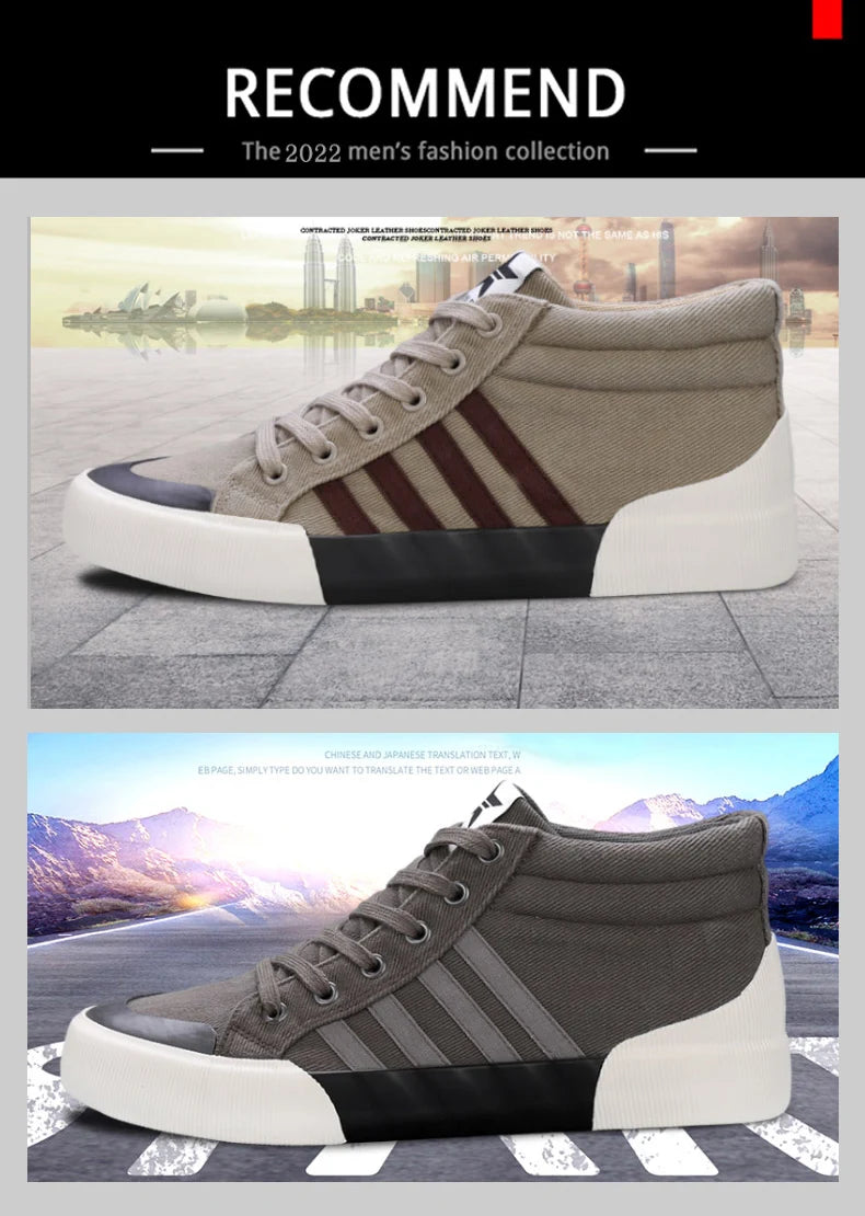 Spring Classic Stripes Black Canvas Sneakers Men Comfort High Top Skate Shoes Men Espadrilles Non-Slip Flat Vulcanized Shoes Men