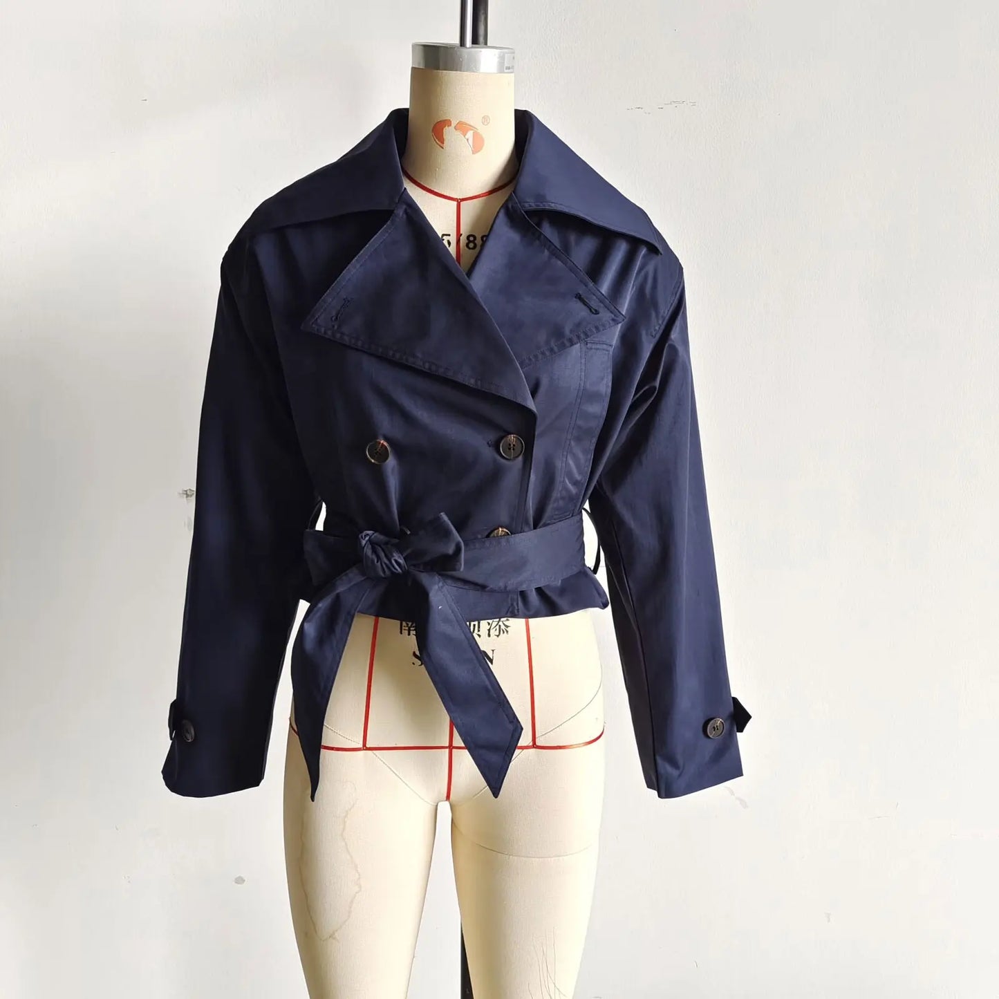 TRAFZA 2025 Spring Retro V-neck Double Breasted Women's Pocket Top Loose Jacket Women's Street Casual Lace-up Short Trench Coat