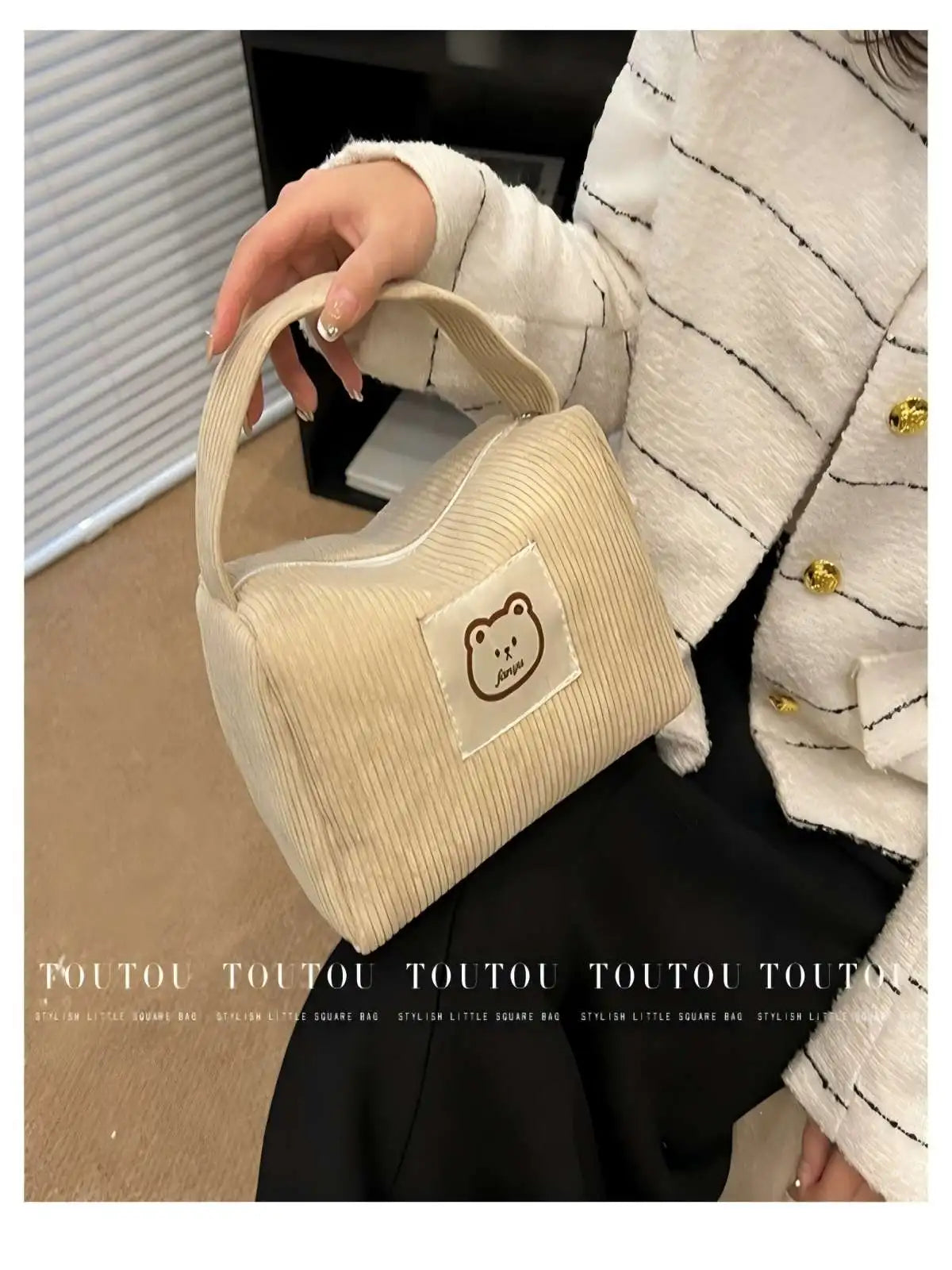 Corduroy Totes Bag Women Ladies Corduroy Shoulder Bag Cute Teddy Bear Pattern Cartoon Embroidery Casual Shoulder Tote