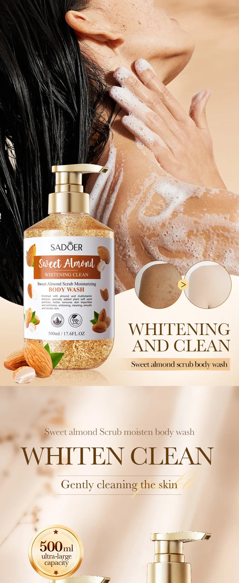 500ml Sweet Almond Scrub Whitening and Cleansing Shower Gel Body Wash Bath and Body Works