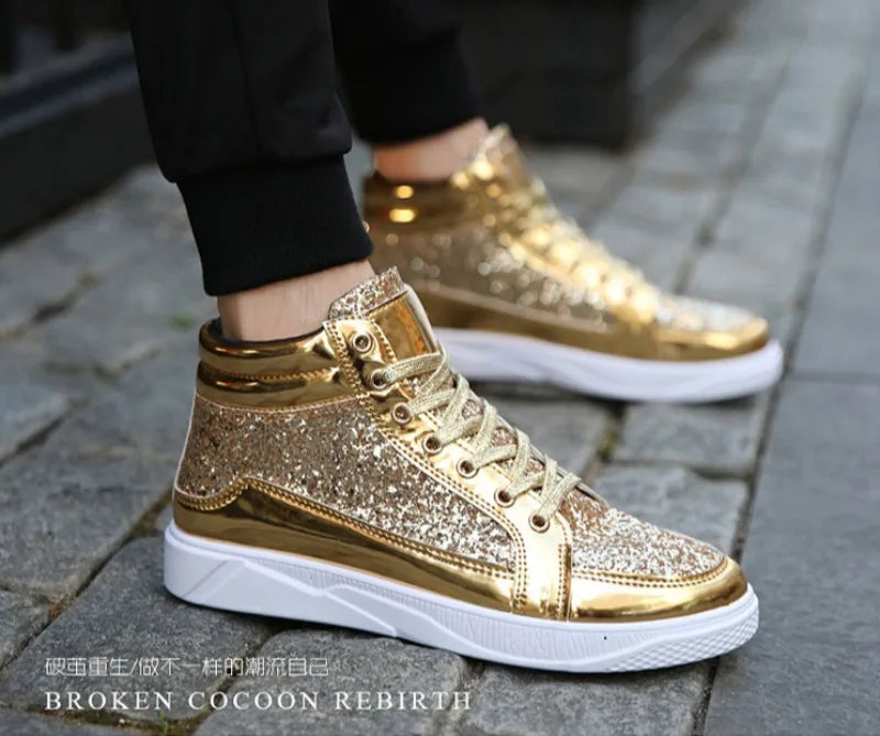 Men's Boots Nightclubs Fashiona Sequins With Diamonds Gold Leather Boots Trendy High Top Sports Casual Shoes Large Size 38-48