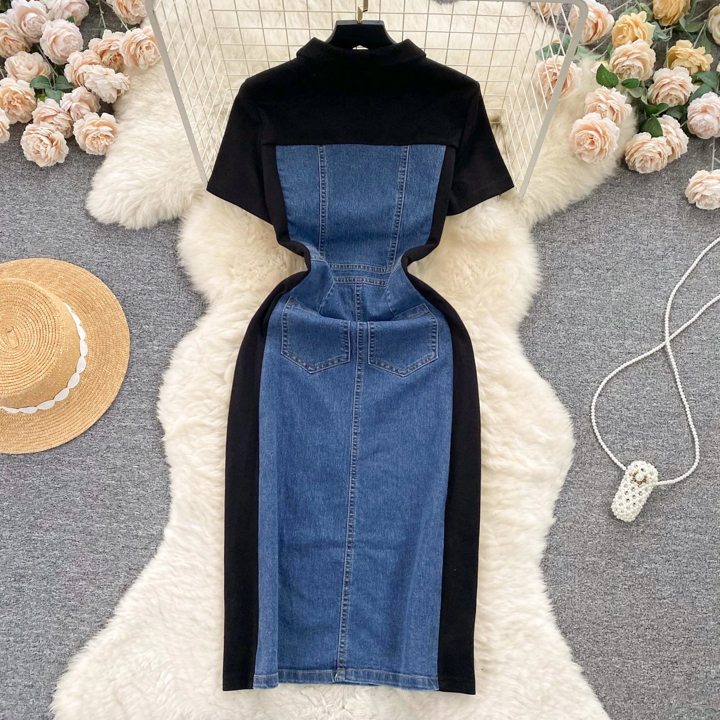 High Waist Bodycon Vestidos Mujer Women 2025 Dresses Contrast Fake Two Piece Dress Casual Fashion Vestido Temperament Robes