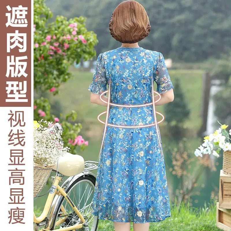 Women Summer Casual Dress Ladies Middle-aged Print Short Sleeve Pleated Dresses Female Vintage V-neck Vestidos
