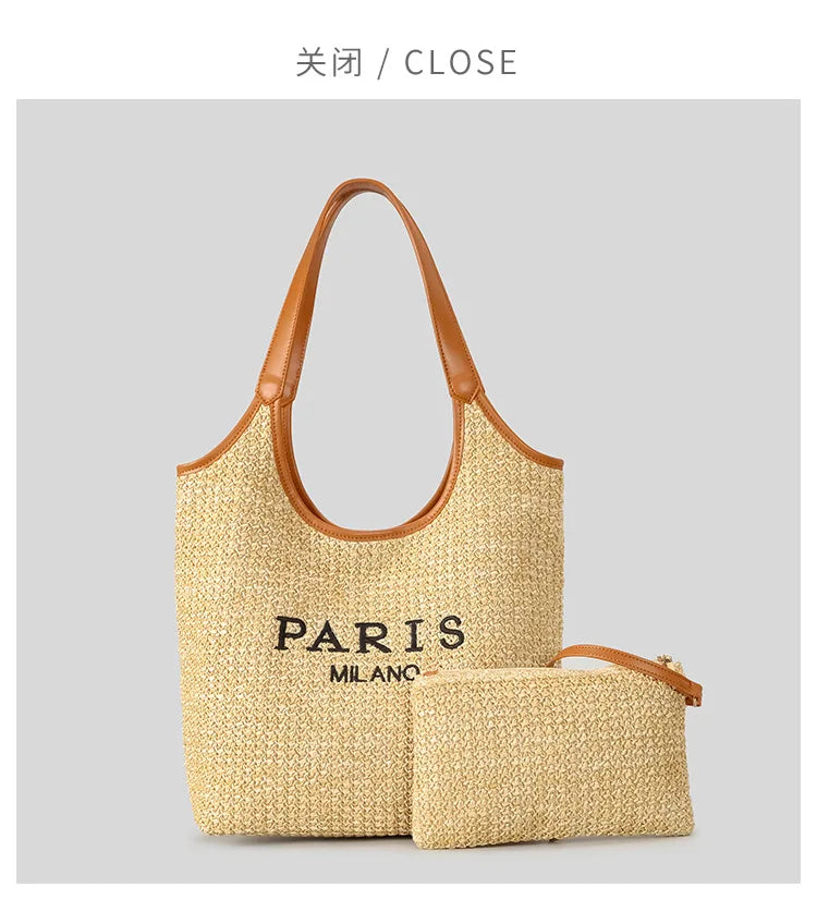 Fashion Letters Pp Straw Women Shoulder Bags Casaul Hobos Woven Handbags Summer Beach Large Capacity Tote Bag Big Shopper Purses