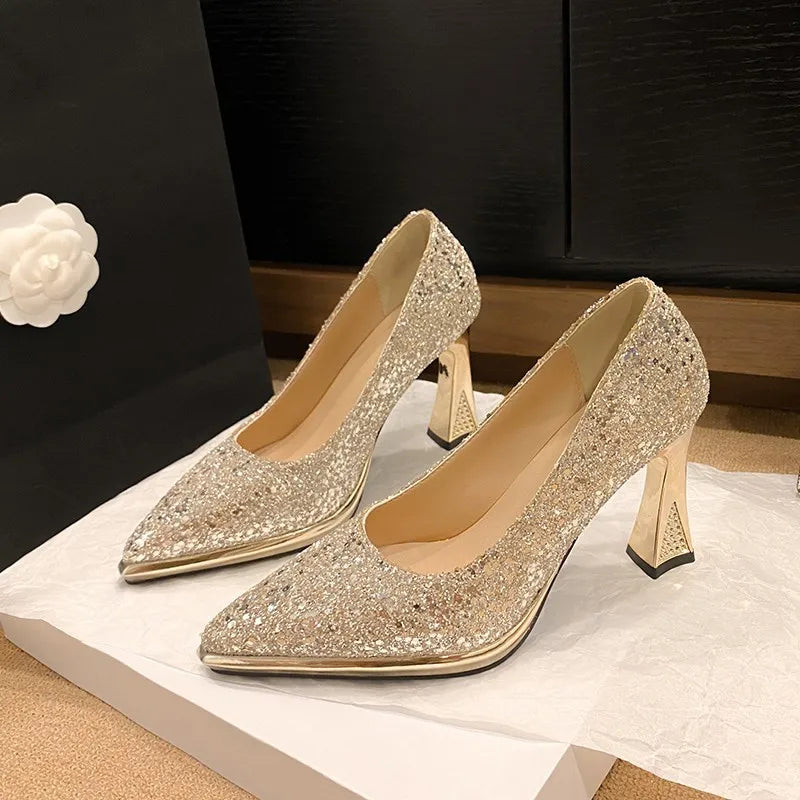 Fashion Sequined Women Pumps 2024New Women's Shoes Pointed Toe Shallow Mouth Shoes Female Comfort Women High Heels spring autumn
