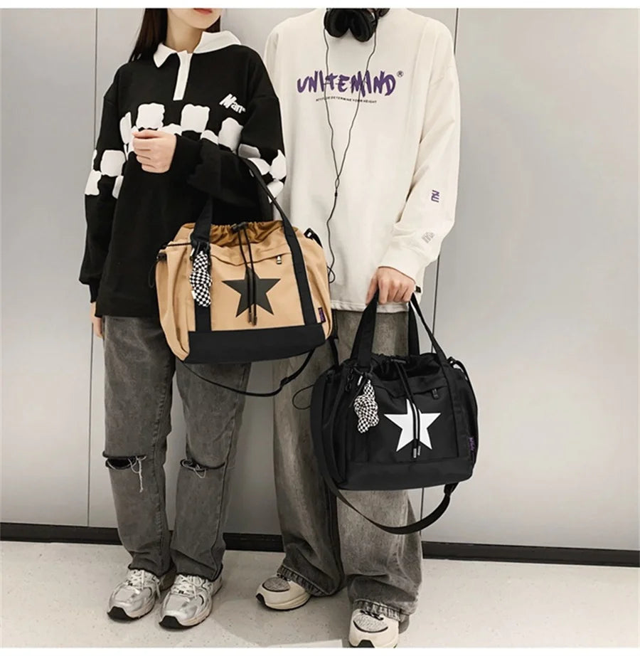 Personality Women Crossbody Bag Y2K Style Large Capacity Couple Shoulder Bag New Casual Nylon Tote Bag Luxury Drawstring Handbag
